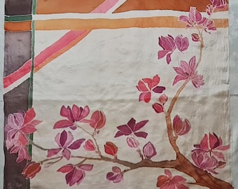 Scarf Vintage Authentic Hand Painted Floral Art Magnolia Chiffon Silk 35" Square