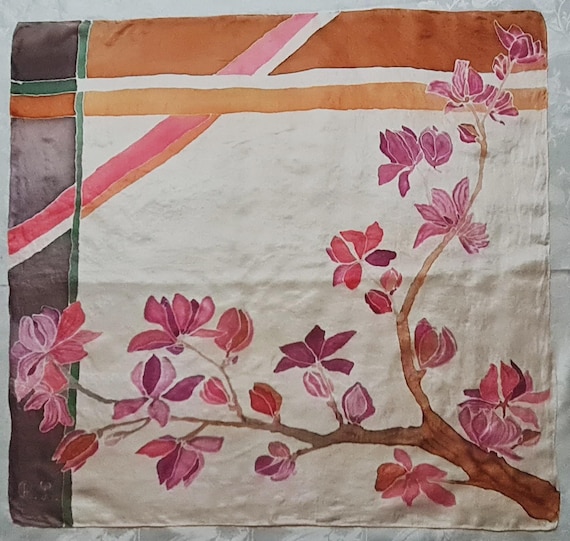 Scarf Vintage Authentic Hand Painted Floral Art Magnolia Chiffon Silk 35" Square
