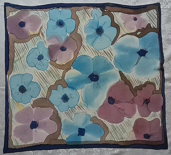 Scarf Vintage Authentic Hand Painted Floral Art Violets Blue Silk 35" Square