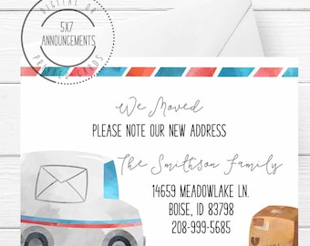 Change of address card, watercolor mail truck I have moved card, we have moved, address announcement, new home card, just moved announcement