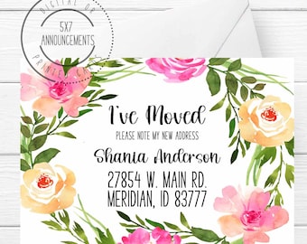 Spring I've moved announcement, floral moving card, pink flower wreath address change, bright spring personalized new mailing address cards