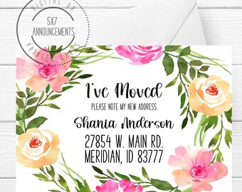 Pink Spring Floral Wreath Moving Announcement Card, Personalized I've Moved Cards with Flowers, New Address Stationery Single Person
