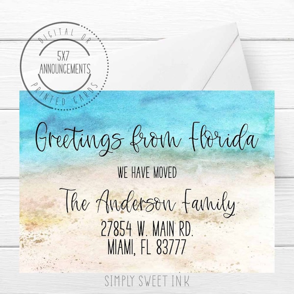 Greetings from Florida moving card, ocean new home announcement card, coastal waves and sand we've moved to the beach greeting stationery