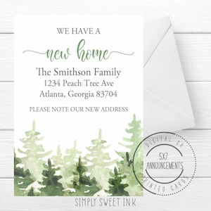 Forest address change announcement, pine trees we've moved card, mountain trees moving cards, new address stationery card (ANY WORDING)