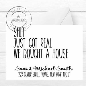 Funny new home owner moving announcement card, we&#39;ve moved card, we bought a house new address card, black and white text new home card