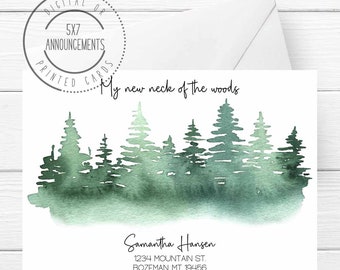 Forest I've moved card, moving announcement card, my new neck of the woods stationery, pine tree mountains address change greeting cards