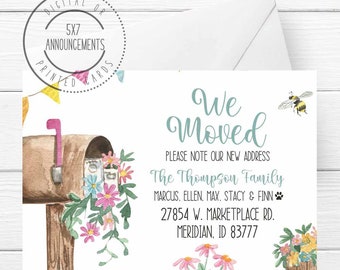 Mailbox we moved cards, floral change of address, flowers moving announcement, spring new address card, watercolor mailbox moving card