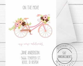 Personalized I am on the move moving announcement, flower bike new address card, pretty pink bicycle I've moved card, spring new home cards