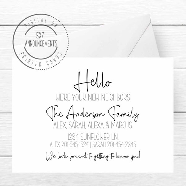 Hello we're your new neighbors card, simple new neighbor card, personalized meet the neighbors card, introducing announcement, (ANY WORDING)