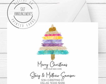 Bright Christmas tree moving announcement, holiday we've moved card, modern address change, Merry Christmas from our new home card