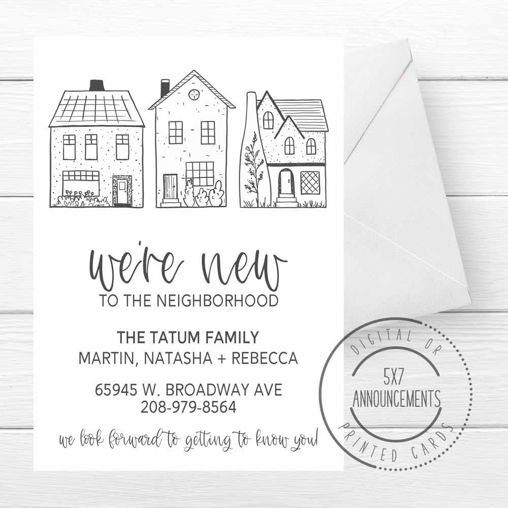 We're new to the neighborhood announcement card, personalized meet neighbors card, doodle houses introducing neighbor, (ANY WORDING)