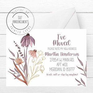 Floral I've moved card, wildflower moving announcement, wildflower moving stationery, boho flowers new address single person, spring or fall
