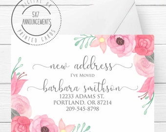 Elegant Floral Moving Announcement Card, Spring I've Moved Card with Pink Flowers, Personalized Handmade New Address Note Stationery