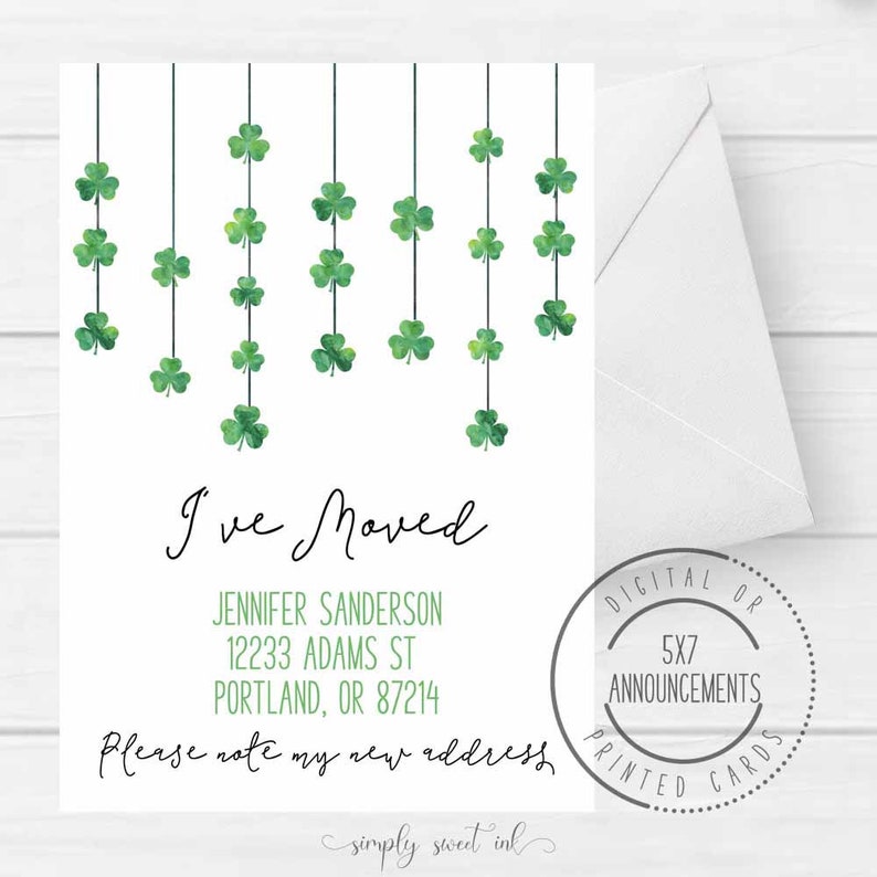 I moved announcement march moving new address card green watercolor shamrock address change announcement Shamrock moving announcement