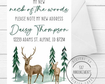 My new neck of the woods moving announcement, personalized pine tree deer I moved card, personalized green forest I've moved handmade note