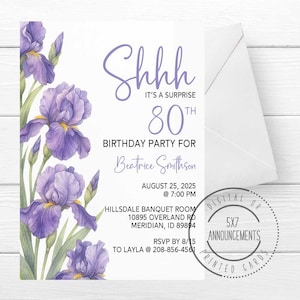 Iris birthday invitation, personalized floral party invite, watercolor flowers surprise party announcement card, any age birthday invite