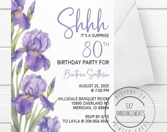 Iris birthday invitation, personalized floral party invite, watercolor flowers surprise party announcement card, any age birthday invite