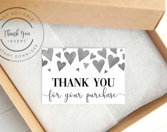 Black and gray hearts thank you for your purchase, thank you note cards, thank you card for sellers, printable thank you note