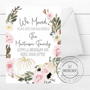 Watercolor pumpkin moving announcement card, pretty fall address change, autumn theme new address, we&#39;ve moved card with pumpkin greenery