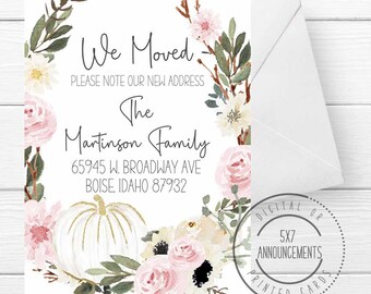Watercolor pumpkin moving announcement card, pretty fall address change, autumn theme new address, we've moved card with pumpkin greenery