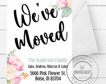 We've moved card with flowers, spring moving announcement , floral address change cards, pink green watercolor flower new address cards