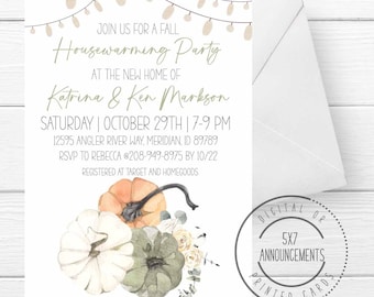 May include: A white invitation card with text for a fall housewarming party. The card features watercolor pumpkins in orange, white, and green, with floral accents. The invitation includes the names Katrina & Ken Markson, date, time, and address.