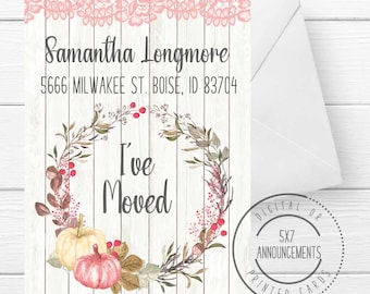 Fall I've moved announcement card, fall pumpkin lace moving cards, handmade wreath new address card, pink personalized I moved stationery