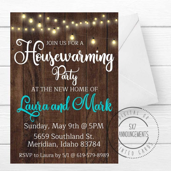 Housewarming party invitation, wood background rustic housewarming invite, personalized string lights announcement, pretty new home invite