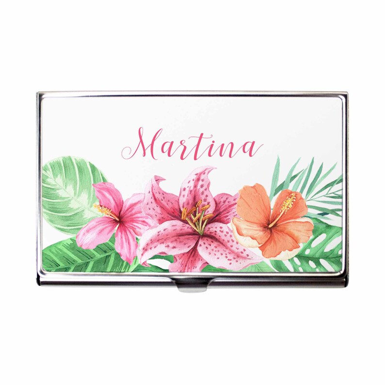 metal business card case floral card case for her Tropical business card holder gift for professional coworker card holder for women