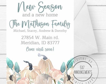 Personalized new season, new home moving announcement, autumn we moved card, pumpkin new address card, autumn watercolor moving stationery