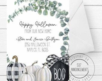 Happy Halloween moving announcement, fall pumpkins new address, from our new home, October we've moved farm house plaid address change