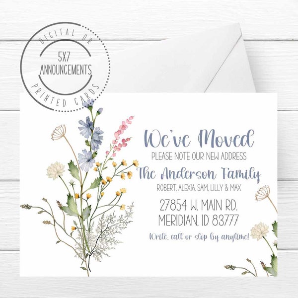 Watercolor wildflowers moving announcement card, spring we've moved card, address change card, floral new address card, flower we've moved
