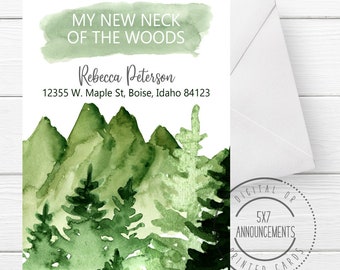 My new neck of the woods moving card, forest moving announcement card, pine tree address change notice card, mountain I've moved card