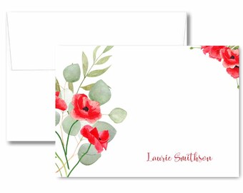 Personalized poppy note card set, handmade floral stationery notes with name, watercolor red poppies name notes with envelopes