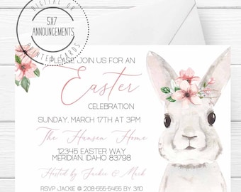 May include: A pink and white Easter invitation featuring a watercolour illustration of a bunny wearing a flower crown. The invitation text reads "Please join us for an Easter Celebration Sunday, March 17th at 3PM The Hansen Home 12345 Easter Way Meridian, Idaho 83798 Hosted by Jackie & Mark RSVP Jackie @ 208-555-5455 by 3/10"