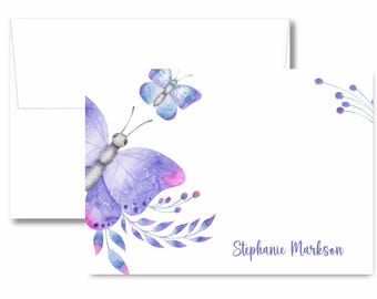 Personalized Butterfly Note Card Set, Watercolor Stationery, Handmade Pretty Notes with Purple Butterflies