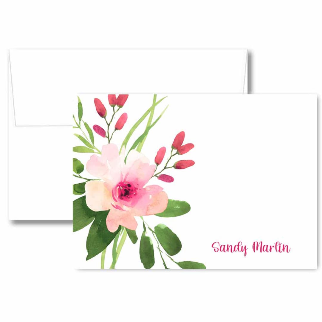 Personalized Pink Flowers Note Card Set, Handmade Floral Stationery ...