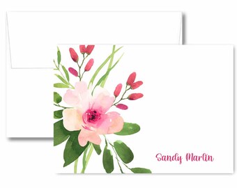 Personalized pink flowers note card set, handmade floral stationery notes with name, watercolor flowers pretty name notes with envelopes