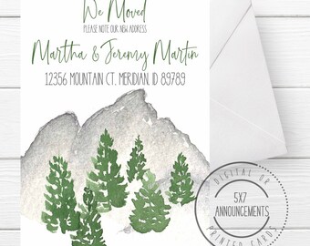 Mountains moving announcement card, our new neck of the woods, pine tree new address change notice, handmade forest watercolor woods moving