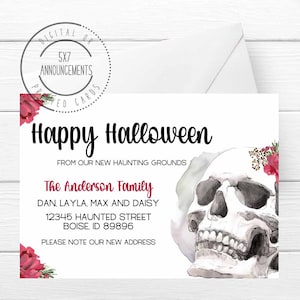 Halloween moving announcement, new address card, Halloween we moved, skull and roses moving card, new haunting grounds cards (ANY WORDING)