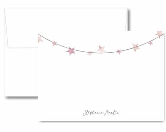 Personalized pink stars script note card set, handmade cursive stationery notes with name, girly stars name notes with envelopes
