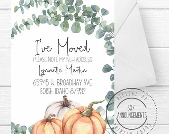 Eucalyptus fall I've moved announcement card, autumn pumpkin moving card, personalized pretty fall address change card, I moved card pumpkin