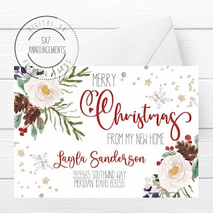 Floral Christmas address change card, holiday I&#39;ve moved moving announcement card, greenery Merry Christmas new home greeting (ANY WORDING)