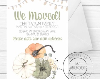 Watercolor pumpkin we moved announcement card, fall new address stationery, autumn theme moving cards, pumpkin garland moving cards for fall