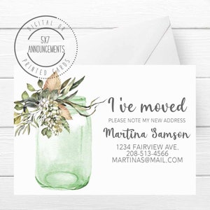 Mason jar moving announcement, I have moved card, floral address change announcement, new address card, just moved notice (ANY WORDING)
