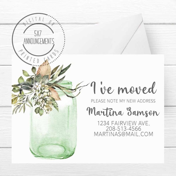 Floral Mason Jar Moving Announcement, I've Moved New Address Change Card, Personalized New Home Stationery Note Cards for Single Person