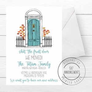 We moved card with front door, personalized funny moving announcement card, shut the front door address change card, teal door (ANY WORDING)