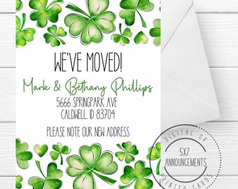 Watercolor clover we moved cards, shamrock change of address, moving announcement St Patrick's, march moving new address card (ANY WORDING)