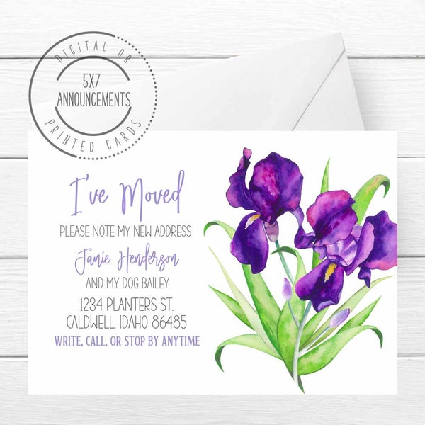 Iris moving announcement, watercolor I've moved card, spring flower address change, watercolor new home flat greeting, (ANY WORDING)