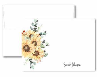 Personalized sunflower note card set, handmade floral stationery notes with name, watercolor flowers name blank notes with envelopes